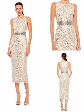 NWT Mac Duggal Geometric Embellished Sleeveless Gown (Nude/Silver)#93578  Size 2
